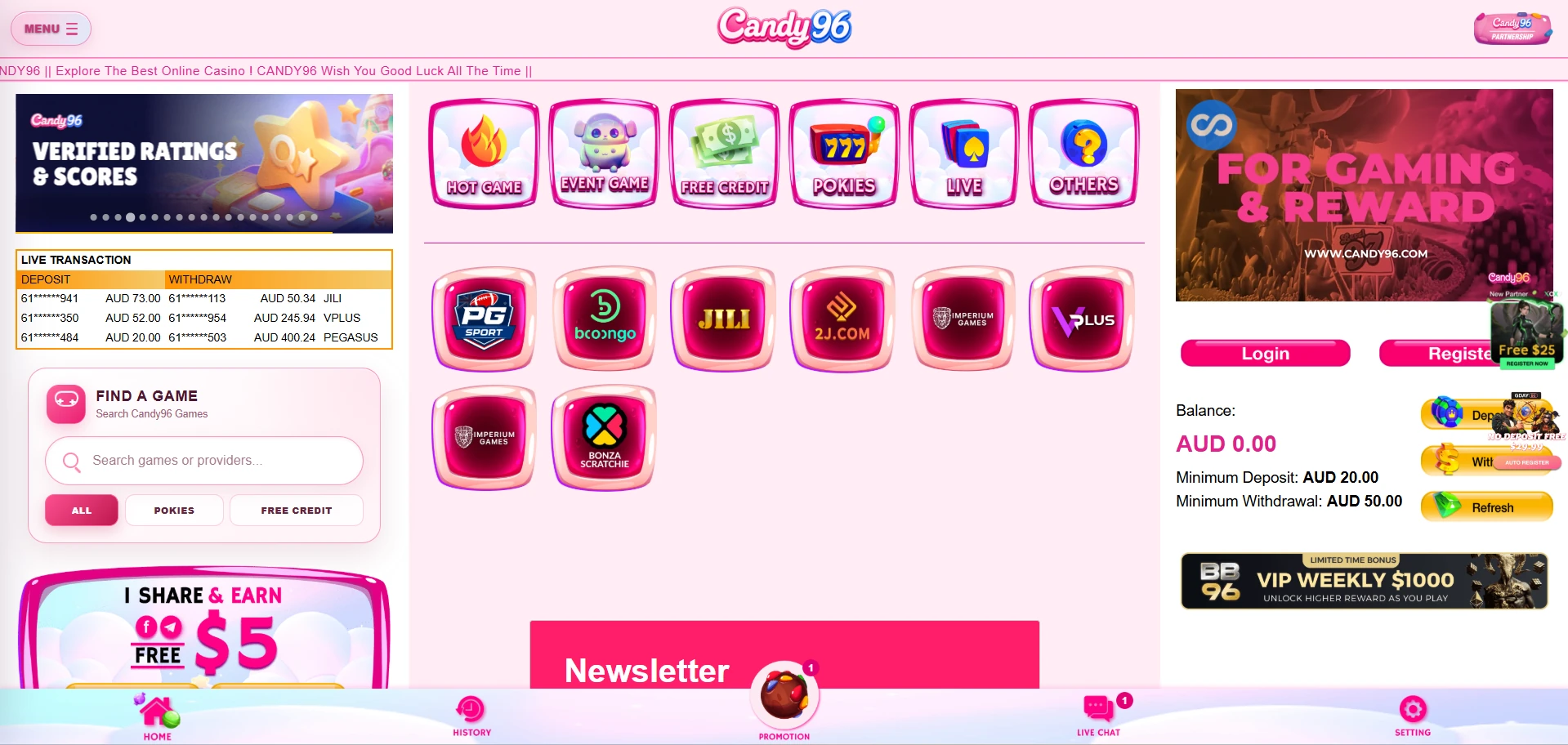 Candy96 casino home page screenshot